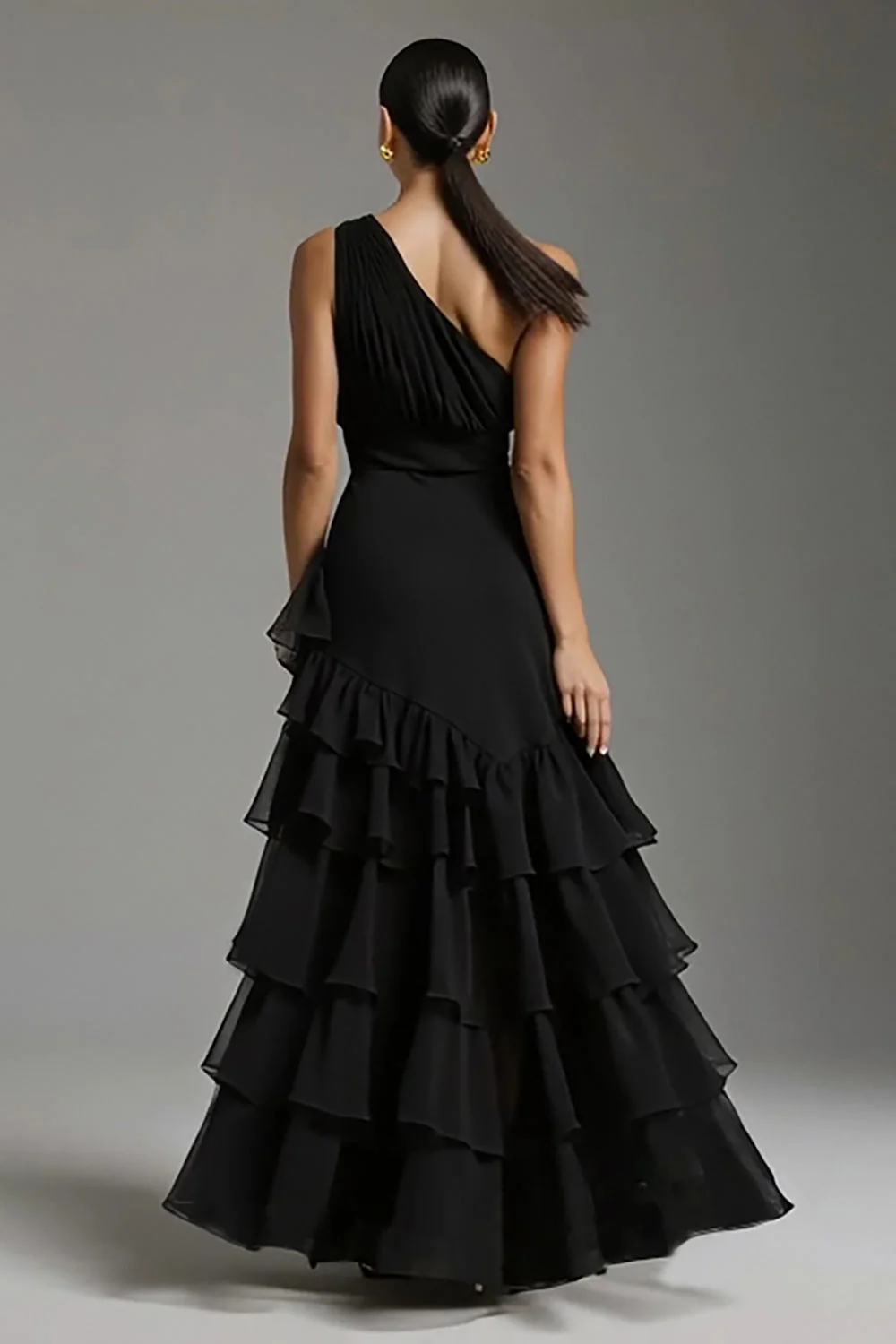Black A Line Tiered One Shoulder Maxi Evening Dress with Slit - Image 2
