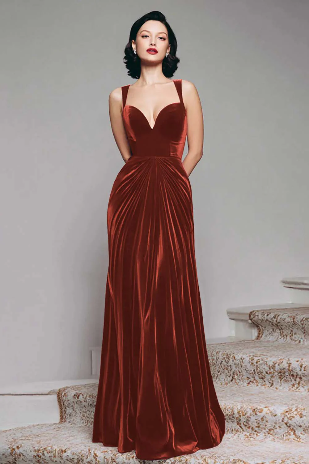 Black A-Line Velvet Long Evening Dress - Image 11