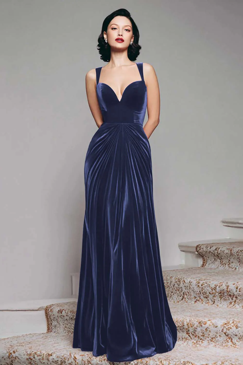 Black A-Line Velvet Long Evening Dress - Image 4
