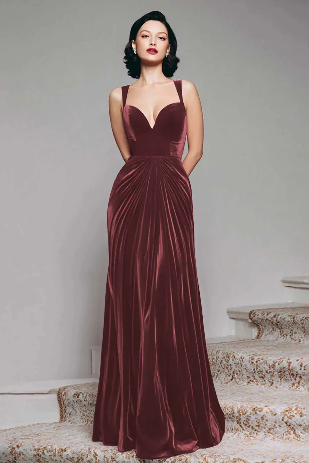 Black A-Line Velvet Long Evening Dress - Image 5