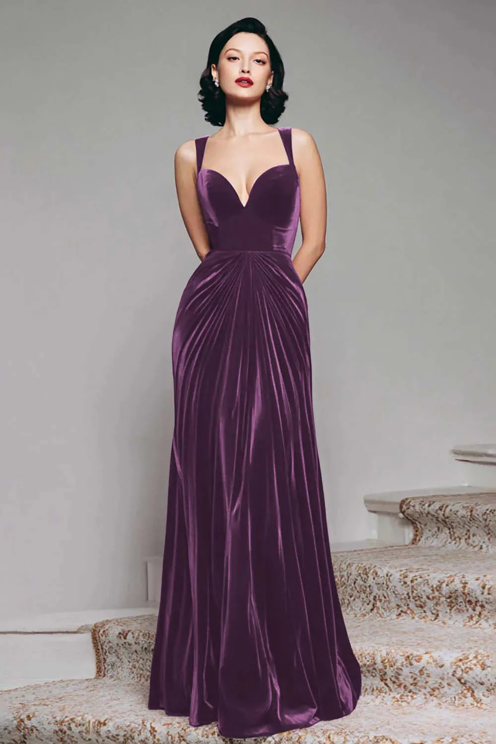Black A-Line Velvet Long Evening Dress - Image 7