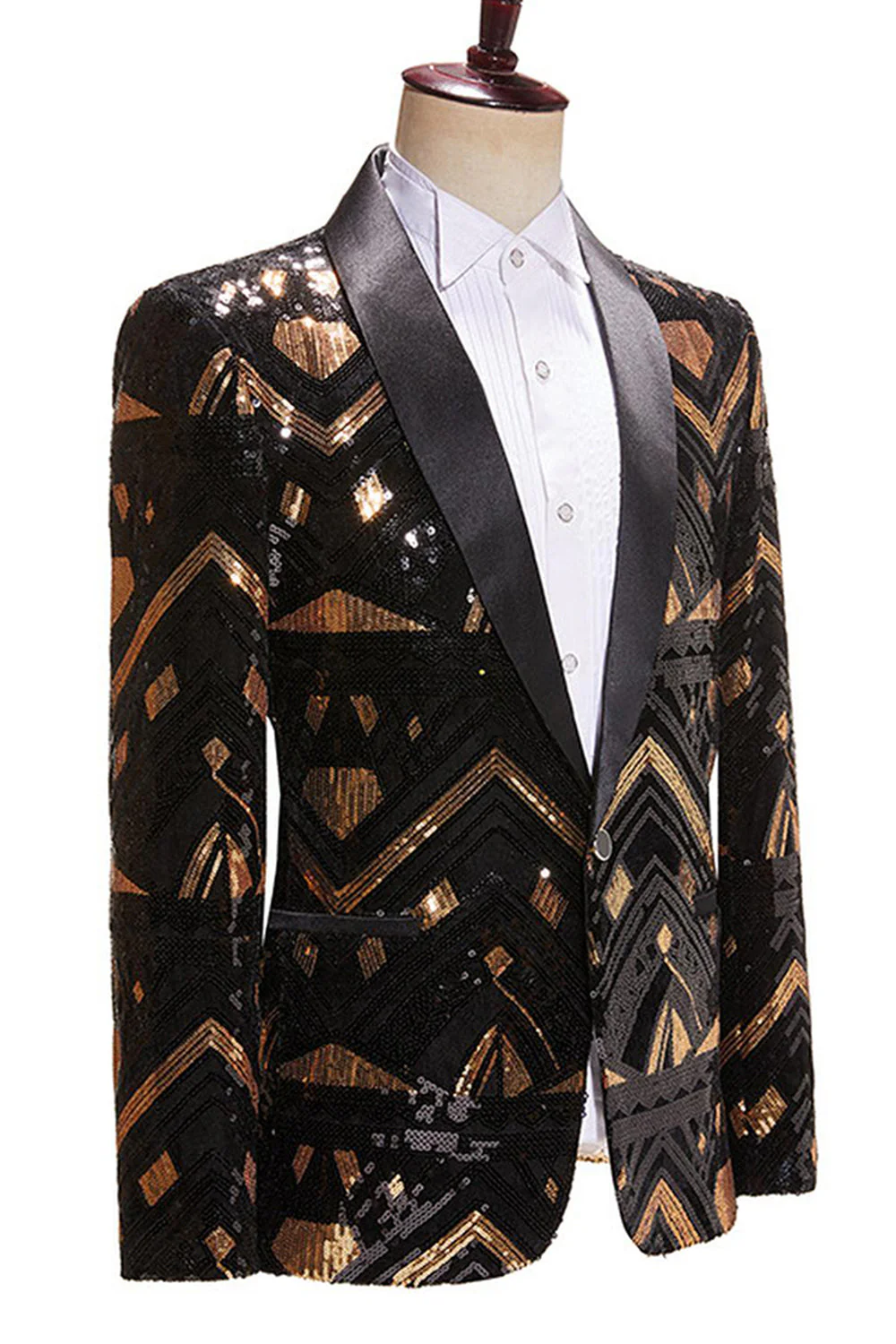 Black and Golden Sequin Shawl Lapel Men's Prom Blazer - Image 3