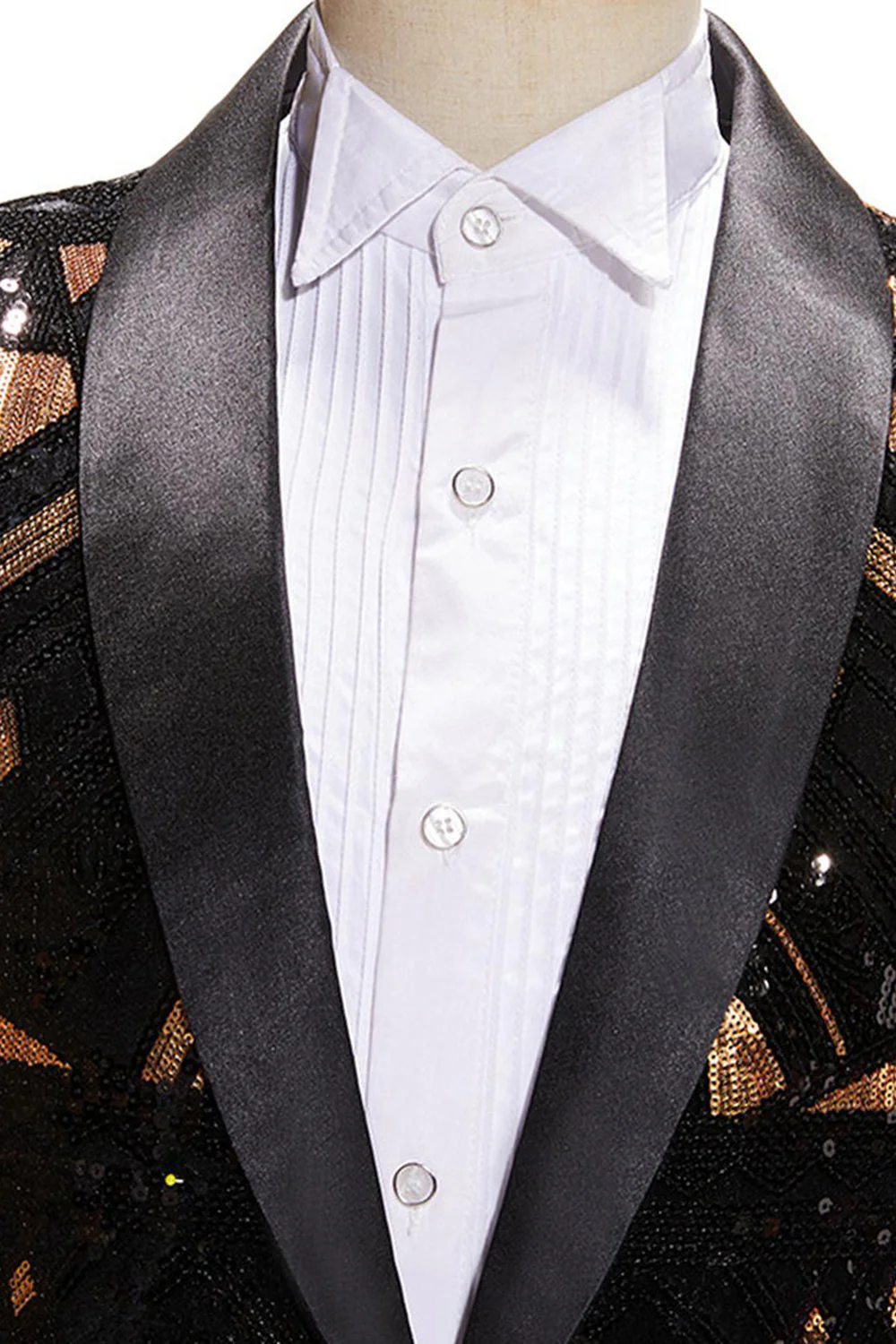 Black and Golden Sequin Shawl Lapel Men's Prom Blazer - Image 4