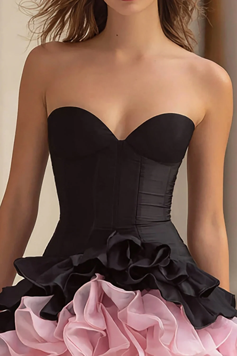 Black and Pink A Line Sweetheart Corset Short Cocktail Dress with Ruffles - Image 2