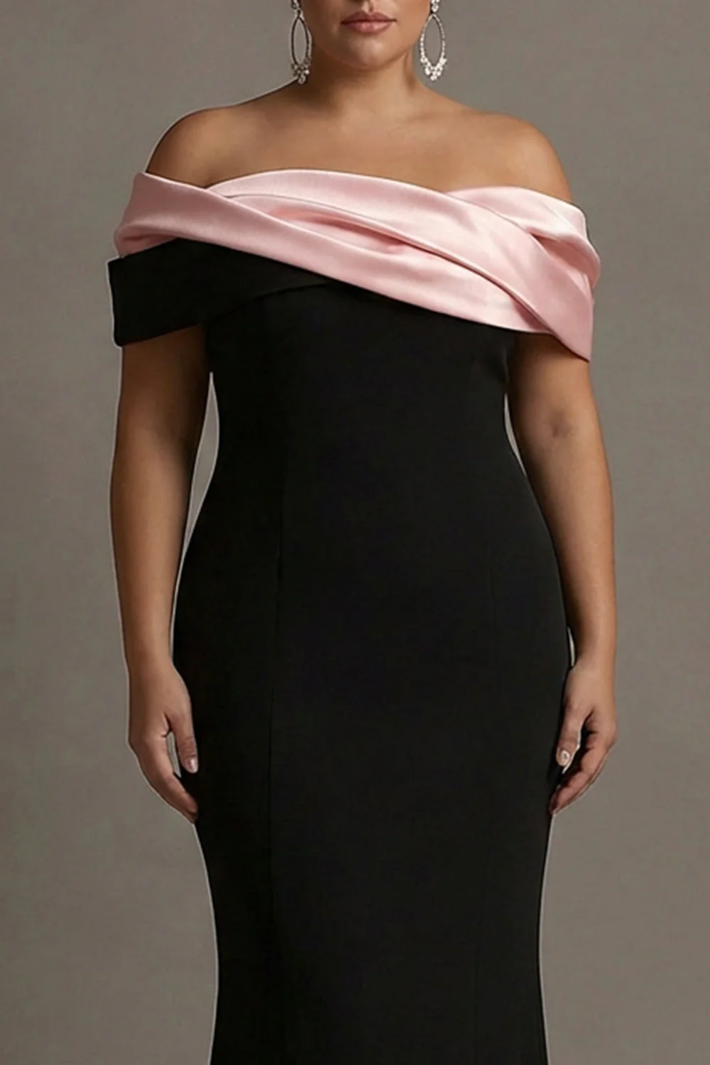 Black and Pink Mermaid Off The Shoulder Satin Long Plus Size Evening Dress - Image 3