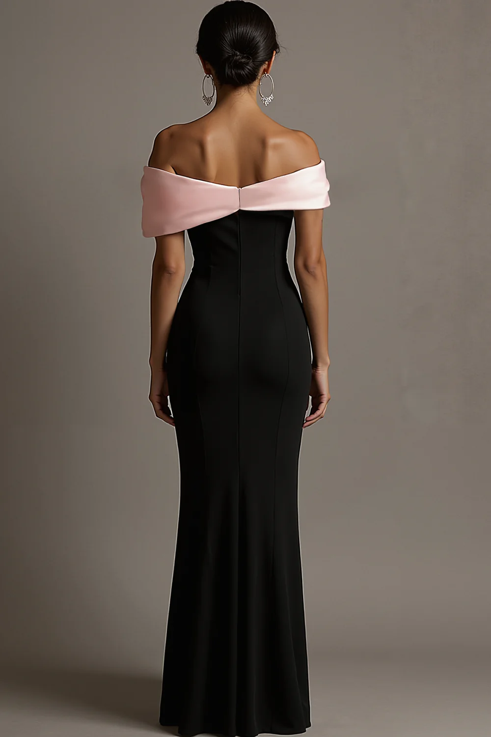 Black and Pink Satin Ruffled Off the Shoulder Sheath Long Evening Dress - Image 2