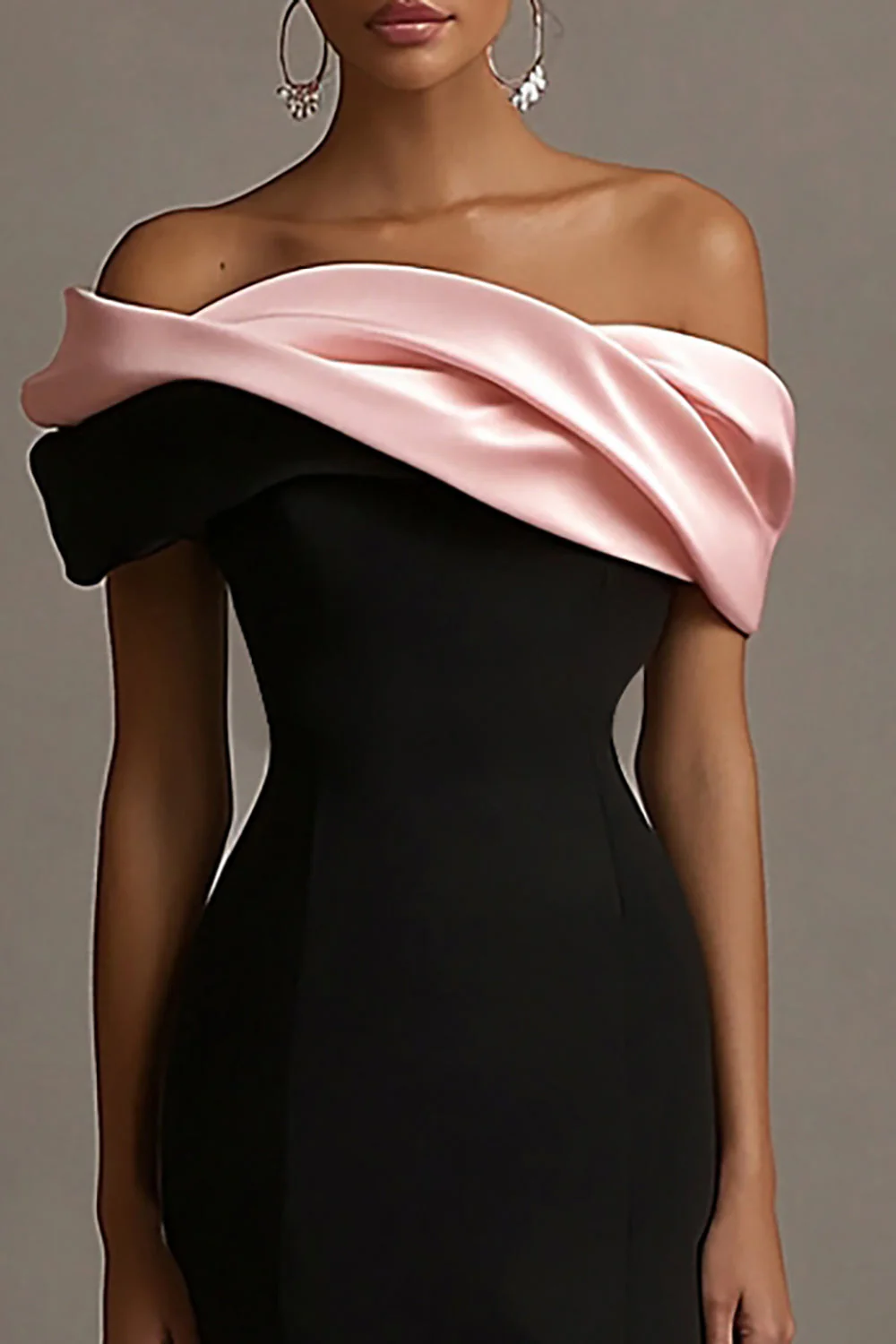 Black and Pink Satin Ruffled Off the Shoulder Sheath Long Evening Dress - Image 3