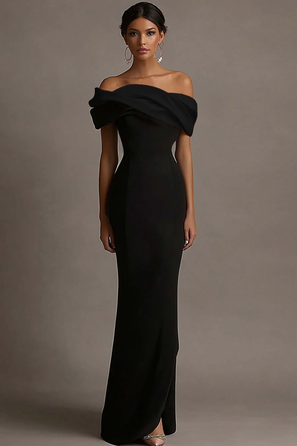 Black and Pink Satin Ruffled Off the Shoulder Sheath Long Evening Dress - Image 4