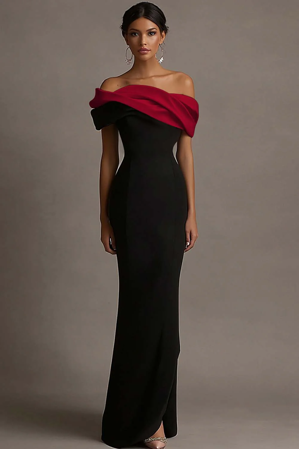 Black and Pink Satin Ruffled Off the Shoulder Sheath Long Evening Dress - Image 5