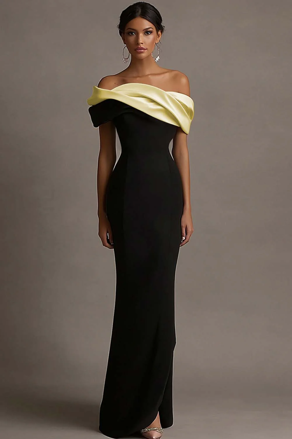 Black and Pink Satin Ruffled Off the Shoulder Sheath Long Evening Dress - Image 6