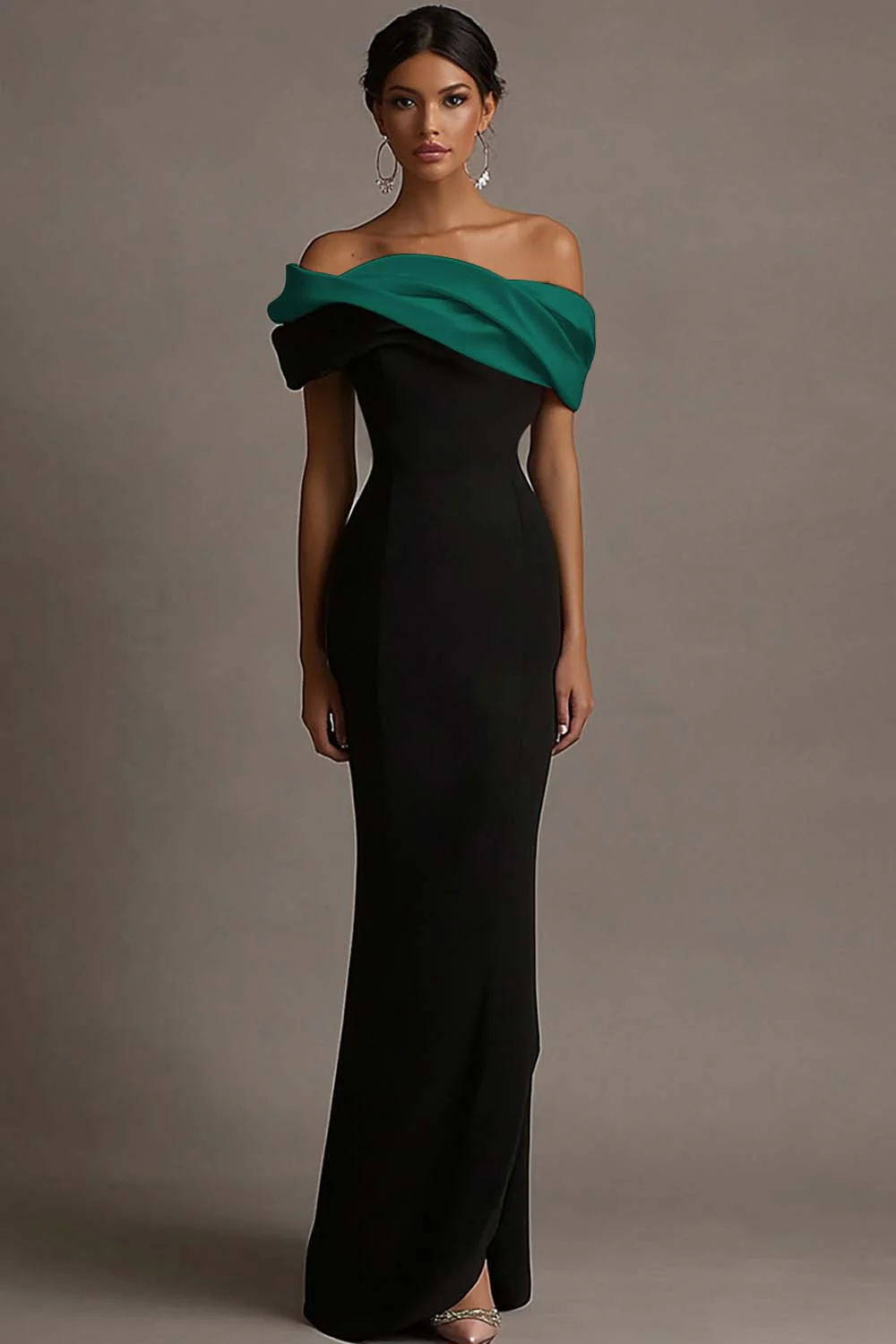 Black and Pink Satin Ruffled Off the Shoulder Sheath Long Evening Dress - Image 7