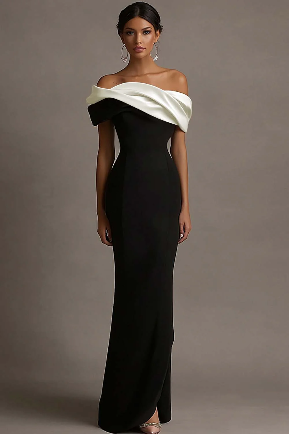 Black and Pink Satin Ruffled Off the Shoulder Sheath Long Evening Dress - Image 8
