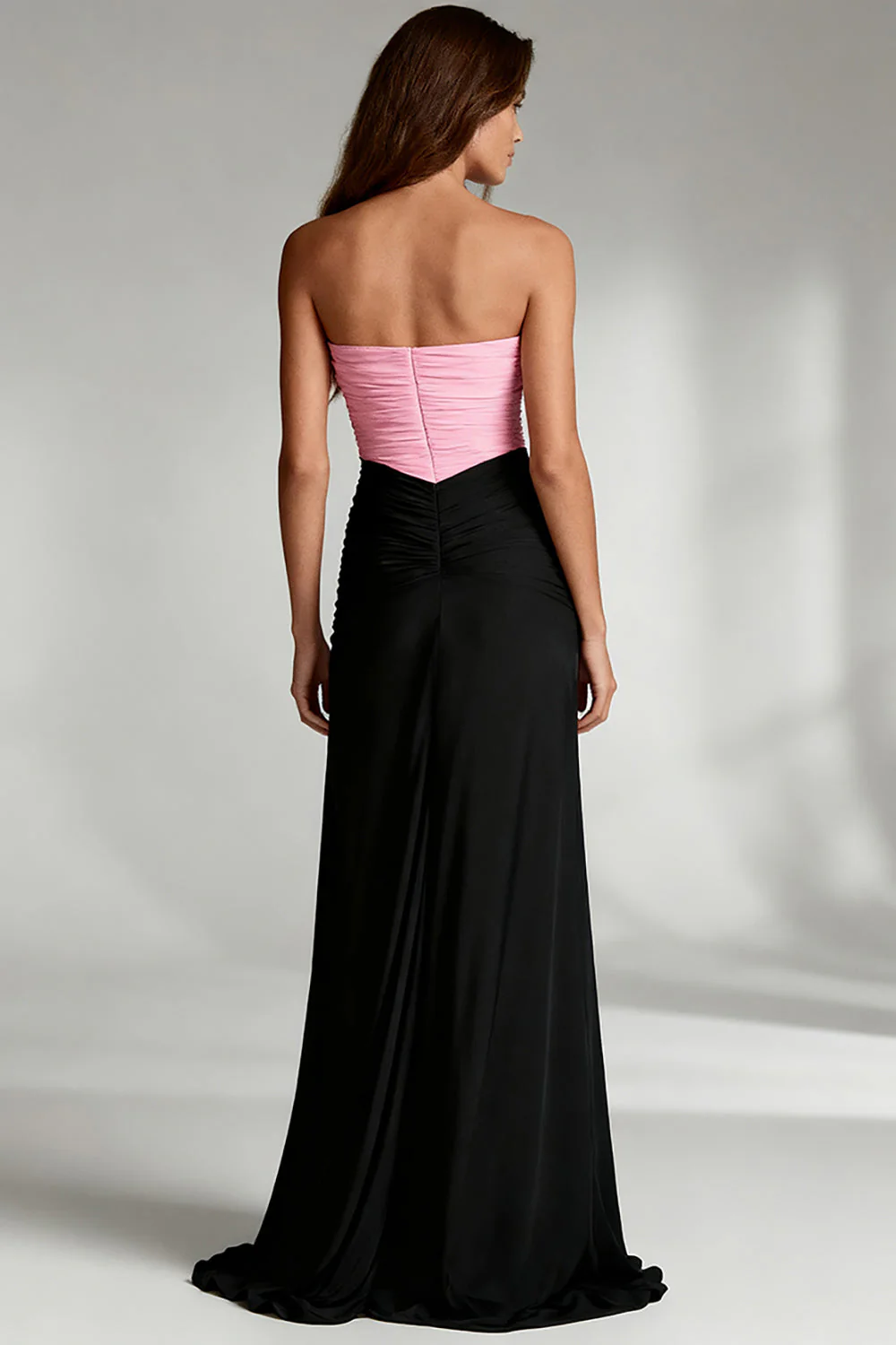 Black and Pink Strapless Ruched Sheath Long Evening Dress - Image 2