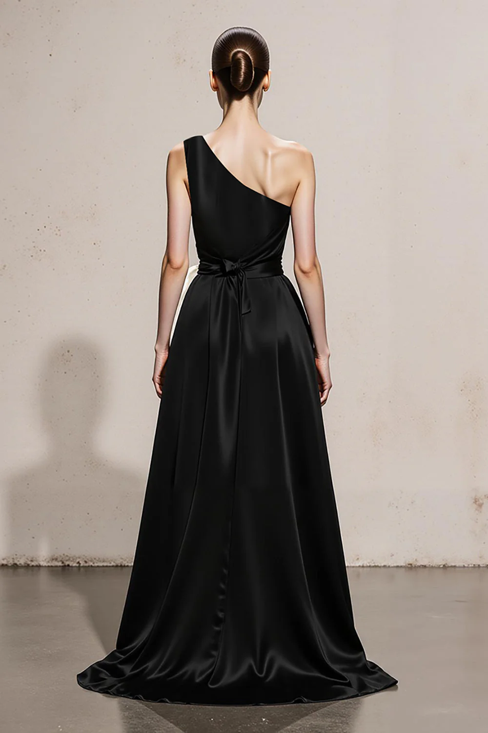 Black and White A-Line One Shoulder Satin Long Evening Dress - Image 2