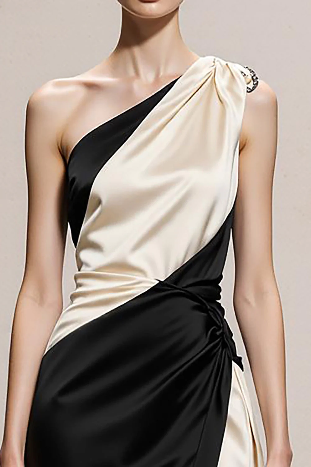 Black and White A-Line One Shoulder Satin Long Evening Dress - Image 3