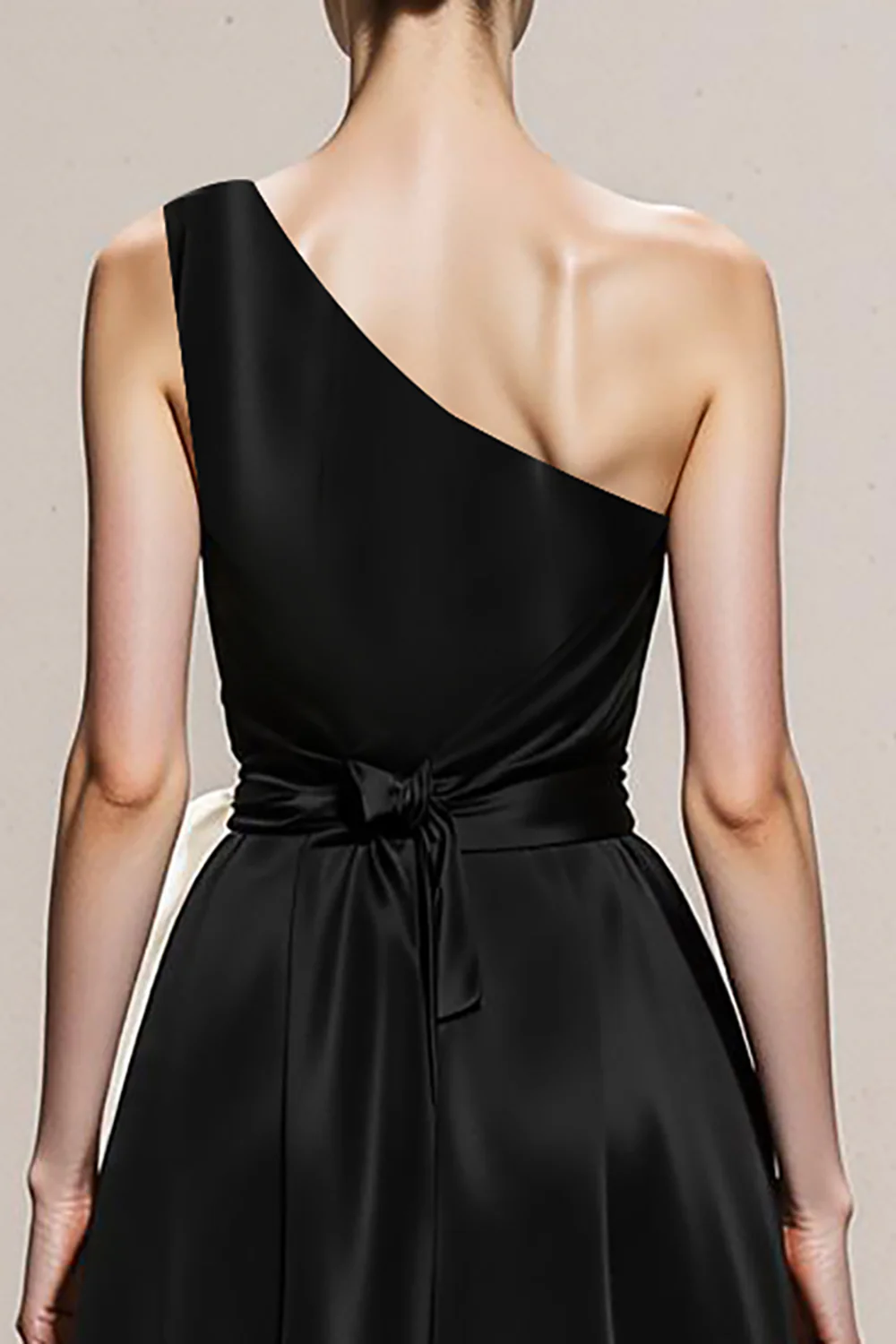 Black and White A-Line One Shoulder Satin Long Evening Dress - Image 6
