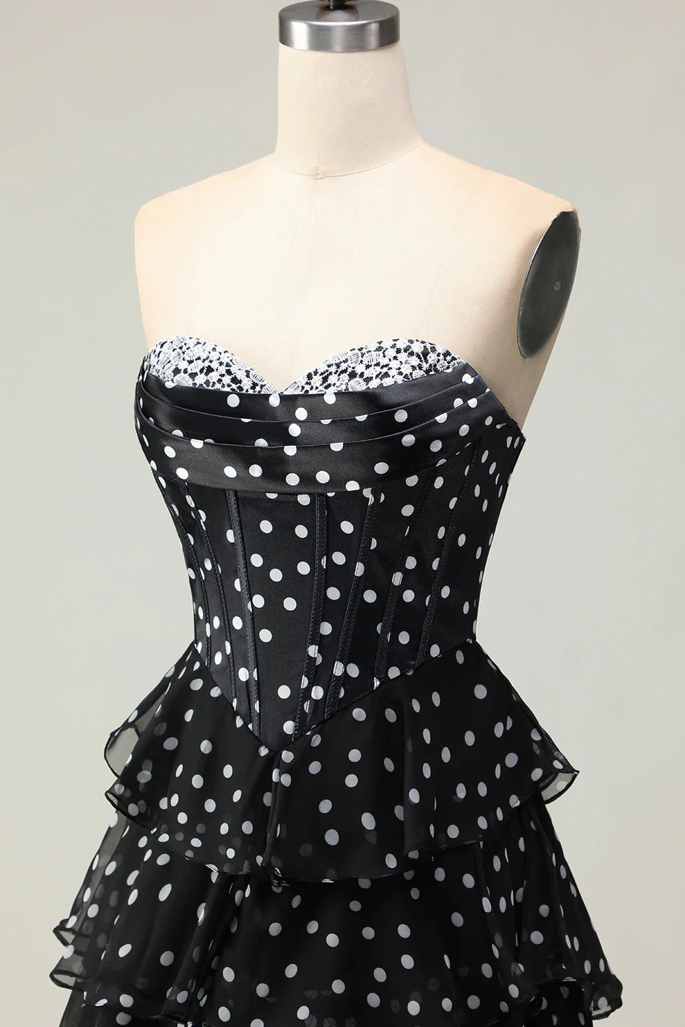 Black and White A Line Strapless Corset Tiered Long Polka Dots Prom Dress with Ruffles - Image 6