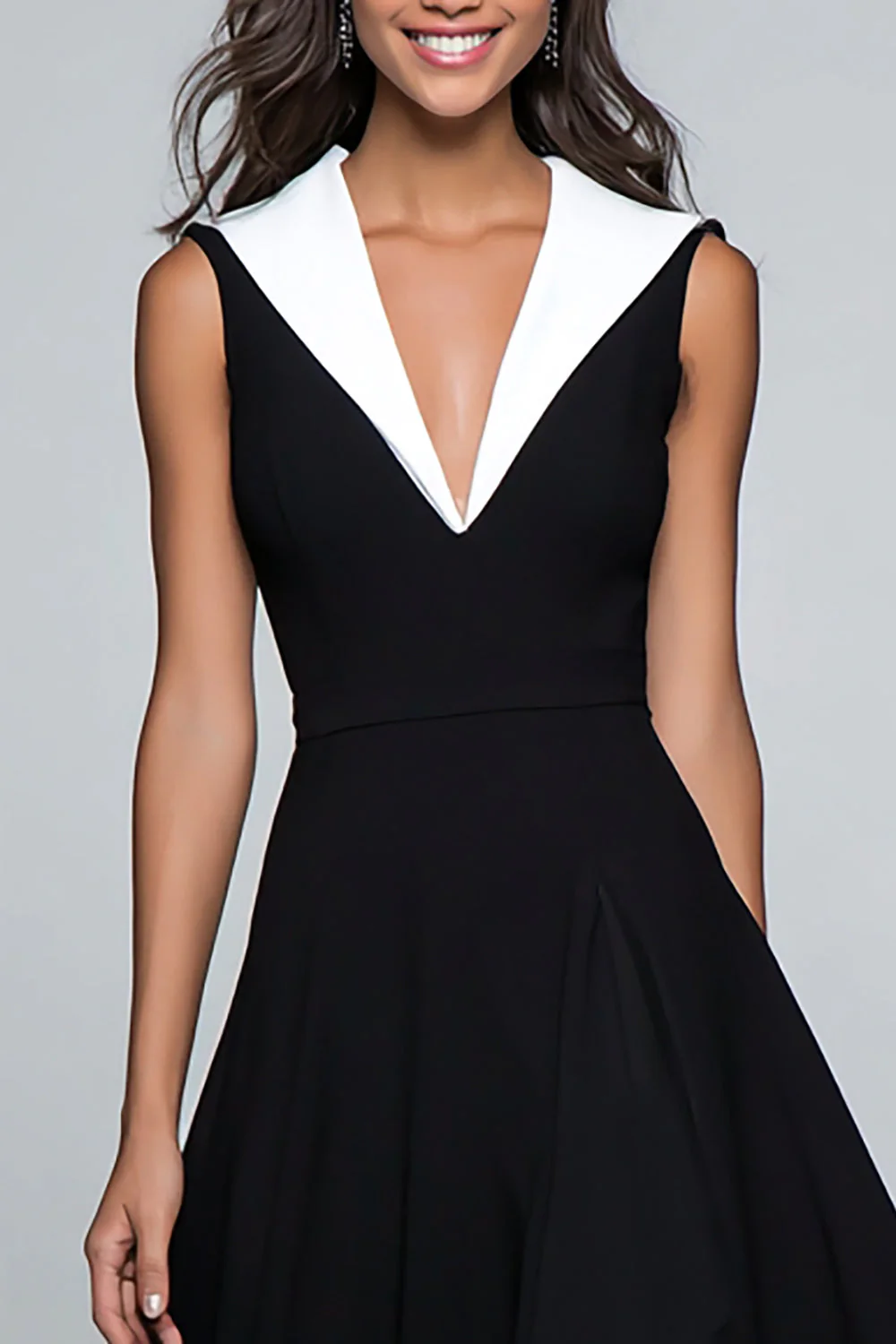Black and White A Line V Neck Midi Formal Dress - Image 2