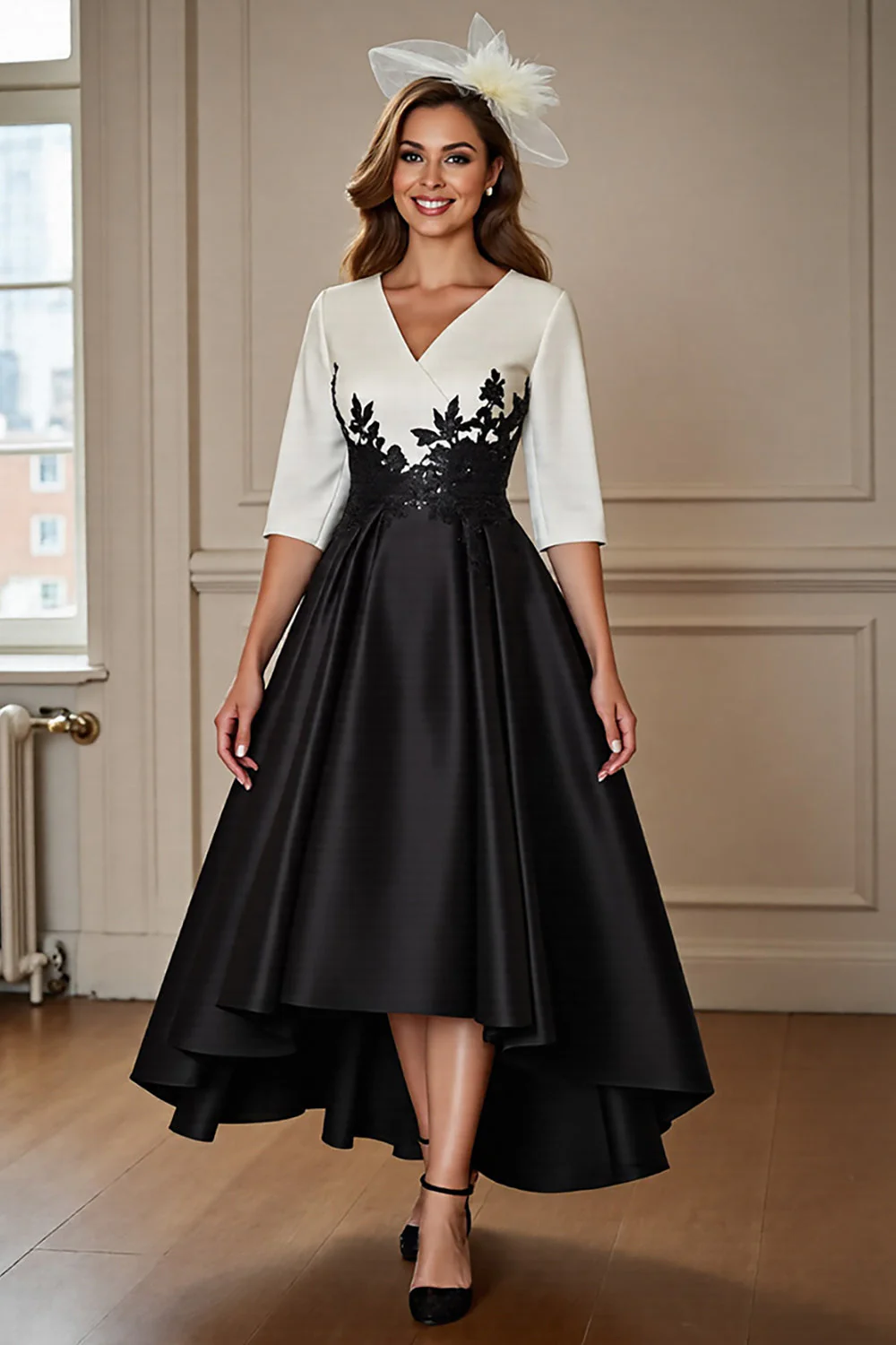 Black and White High Low A Line Mother of the Bride Dress wth Appliques - Image 3