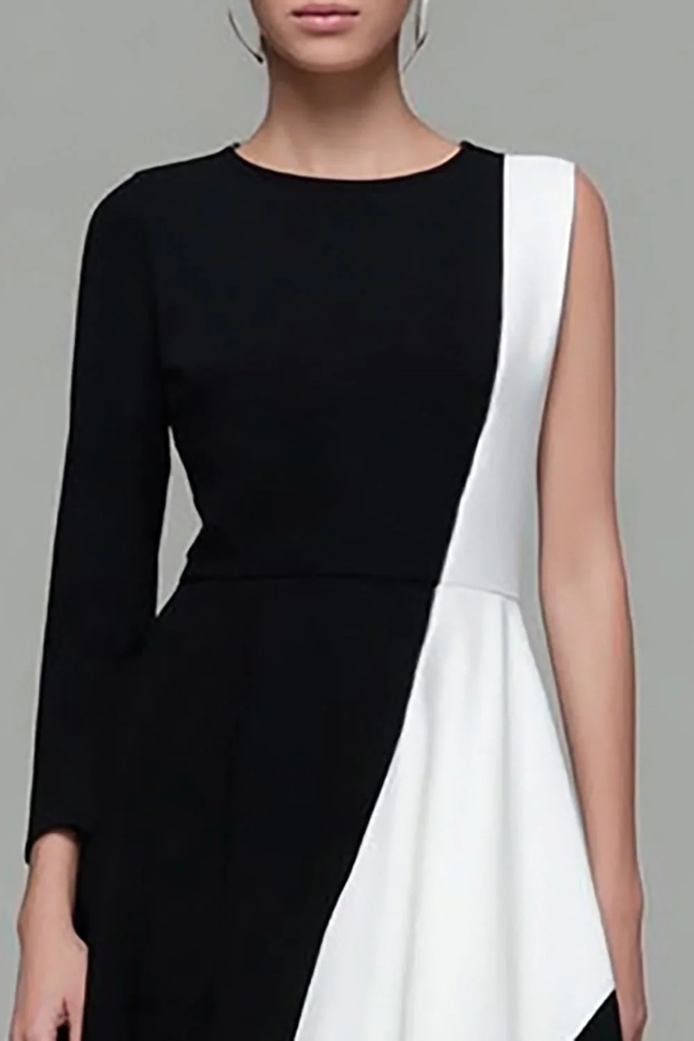 Black and White Jewel Neck A Line Work Dress With Sleeves - Image 2