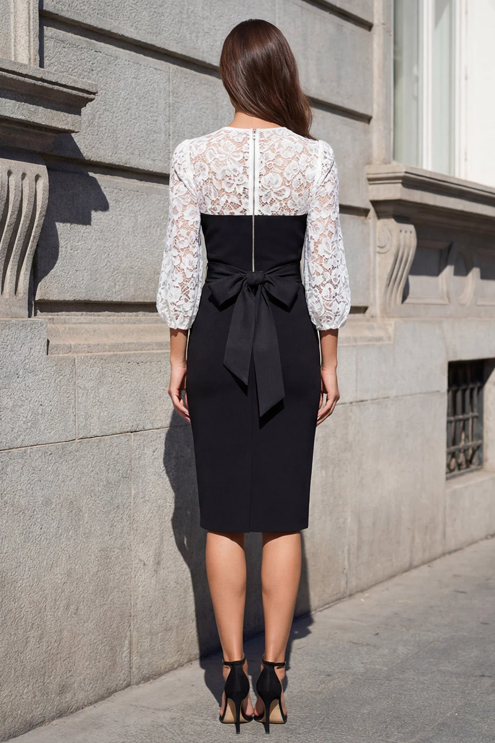 Black and White Lace Sheath Bowed Midi Work Dress with 3/4 Sleeves - Image 2