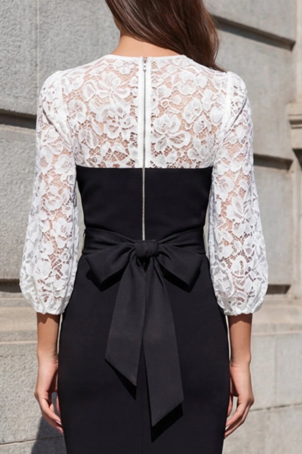 Black and White Lace Sheath Bowed Midi Work Dress with 3/4 Sleeves - Image 4