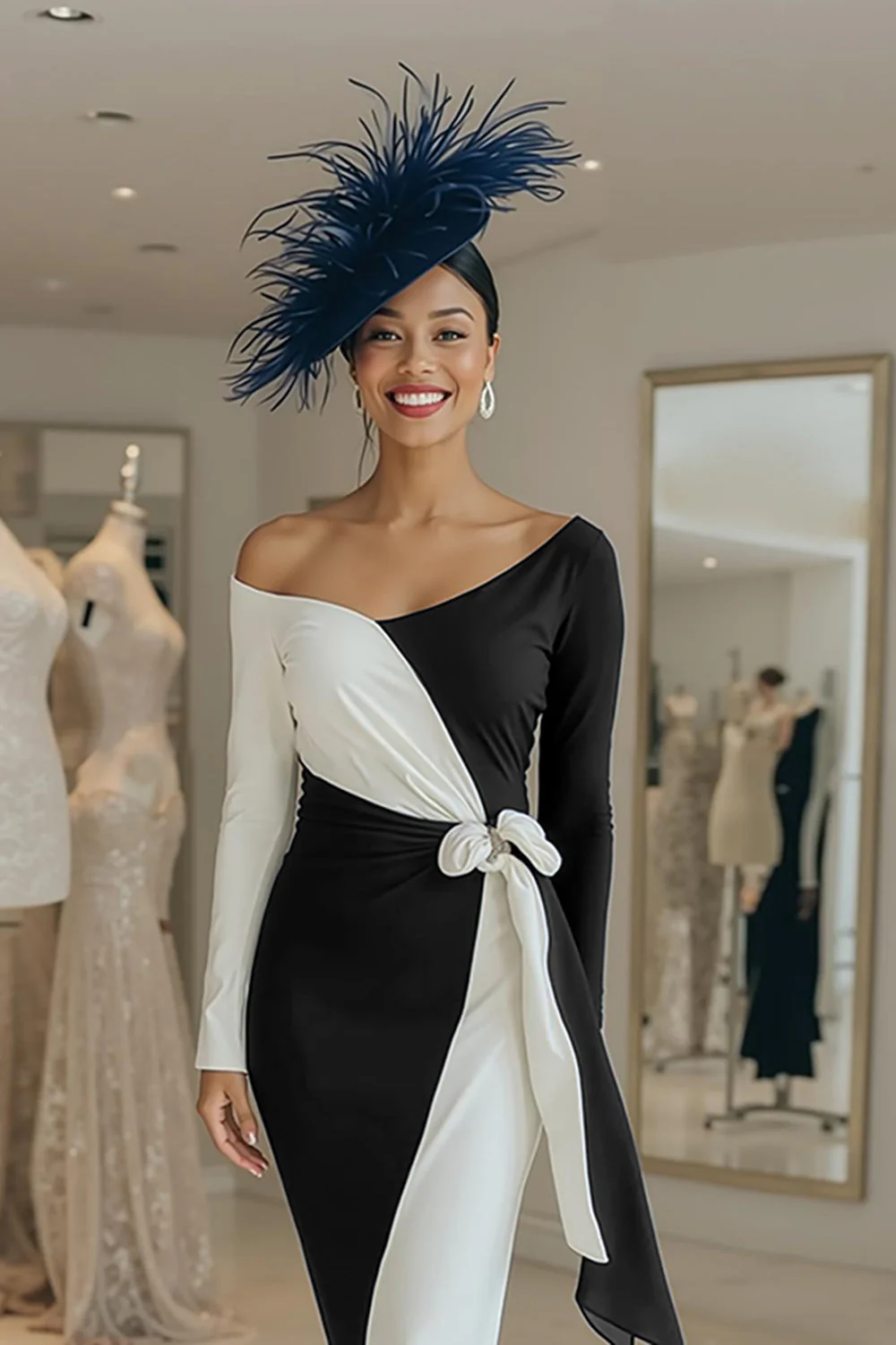 Black and White Long Sleeves Pencil Midi Mother Of The Bride Dress with Sash - Image 2