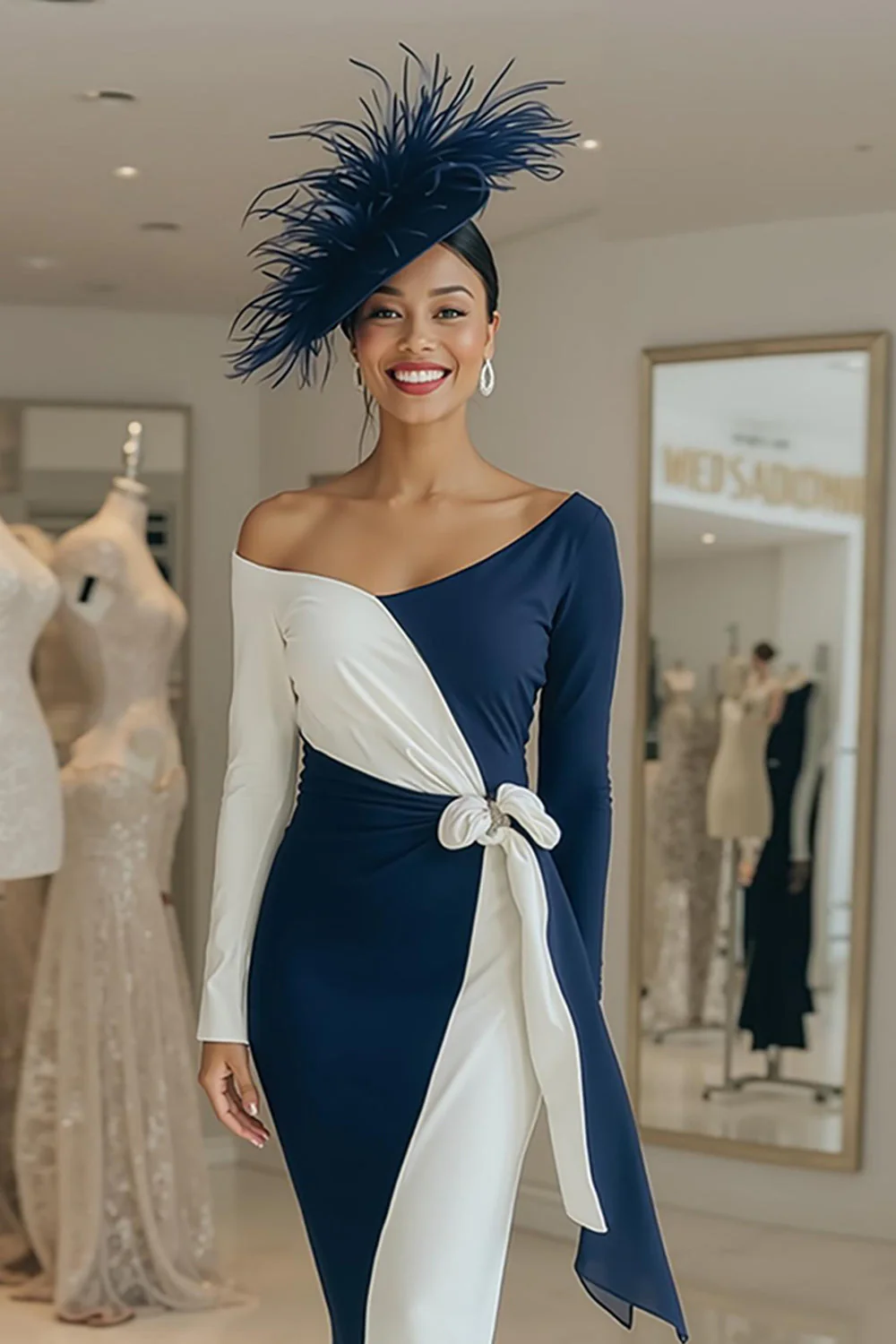 Black and White Long Sleeves Pencil Midi Mother Of The Bride Dress with Sash - Image 4