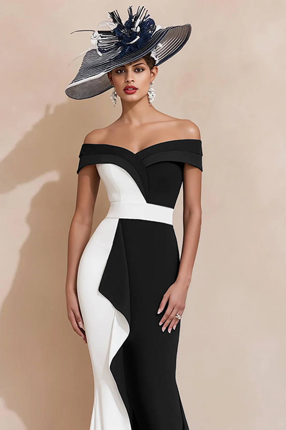 Black and White Mermaid Off The Shoulder Mother Of The Bride Dress - Image 3