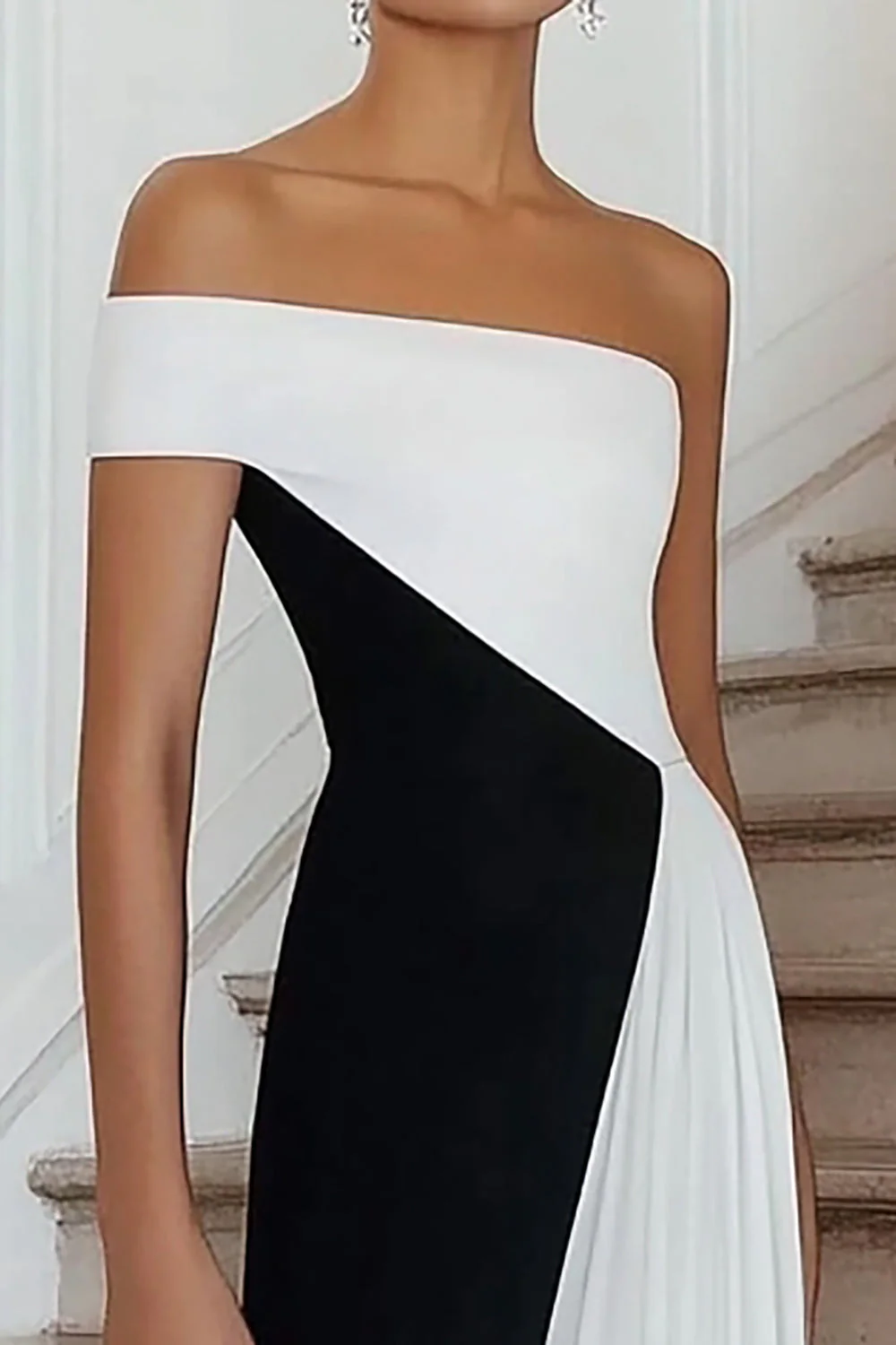 Black And White One Shoulder A Line Evening Dress - Image 2