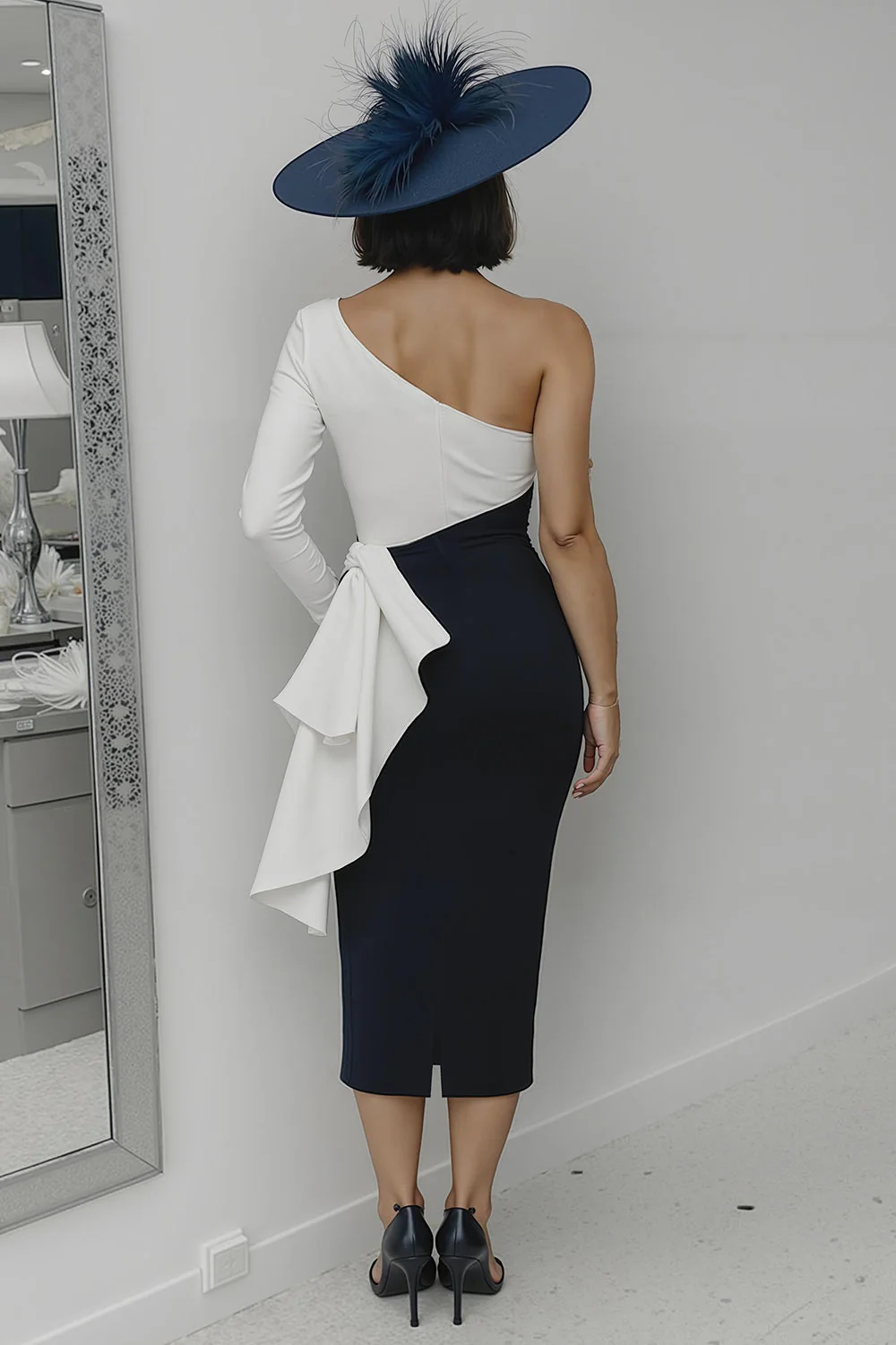 Black and White One Shoulder Bodycon Long Mother Of The Bride Dress with Sash - Image 2