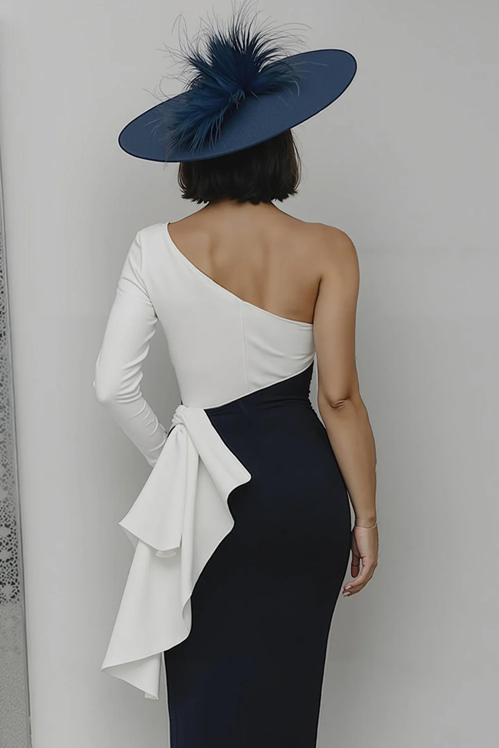 Black and White One Shoulder Bodycon Long Mother Of The Bride Dress with Sash - Image 4