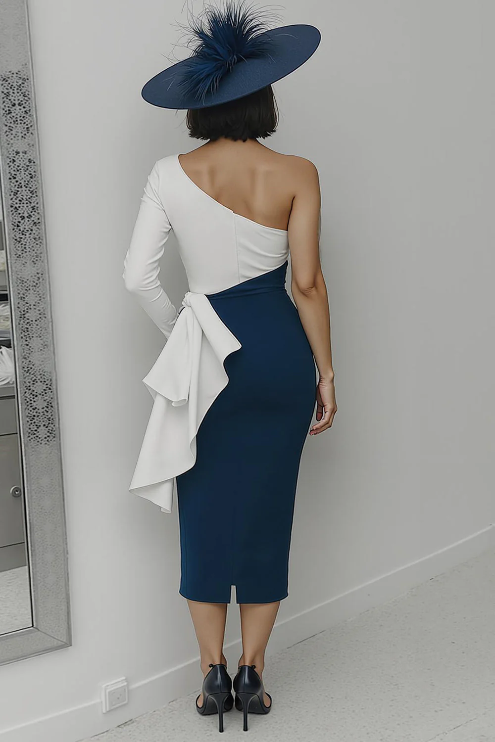Black and White One Shoulder Bodycon Long Mother Of The Bride Dress with Sash - Image 6