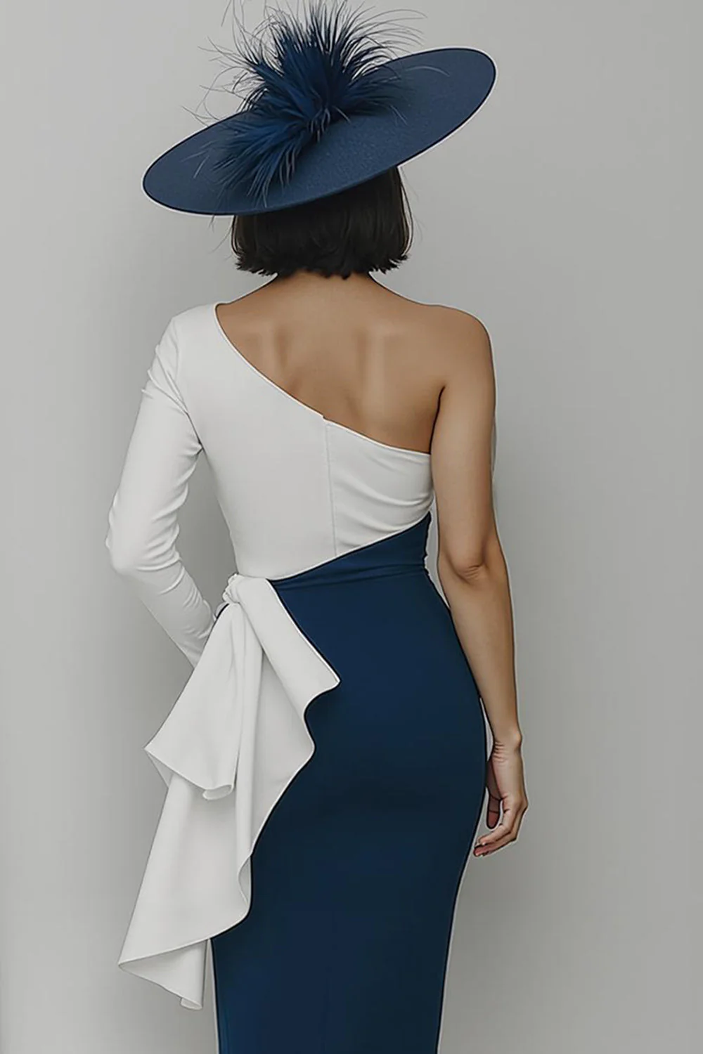 Black and White One Shoulder Bodycon Long Mother Of The Bride Dress with Sash - Image 8