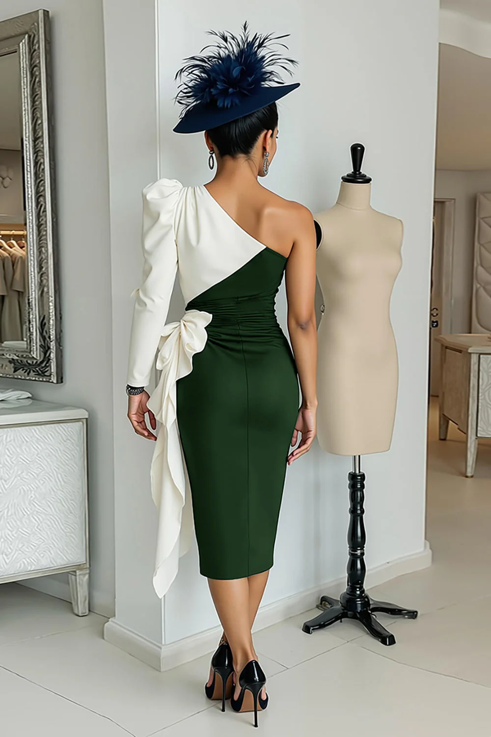 Black and White One Shoulder Bodycon Midi Mother Of The Bride Dress with Sash - Image 10