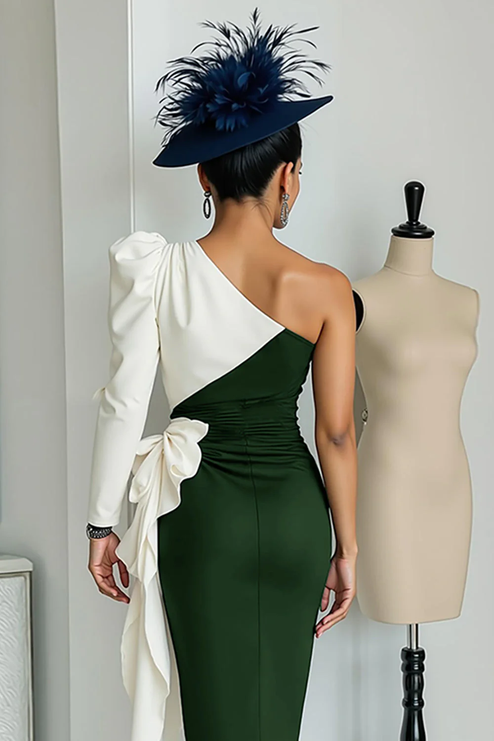 Black and White One Shoulder Bodycon Midi Mother Of The Bride Dress with Sash - Image 12