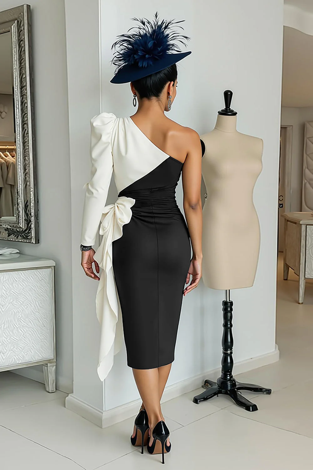 Black and White One Shoulder Bodycon Midi Mother Of The Bride Dress with Sash - Image 2