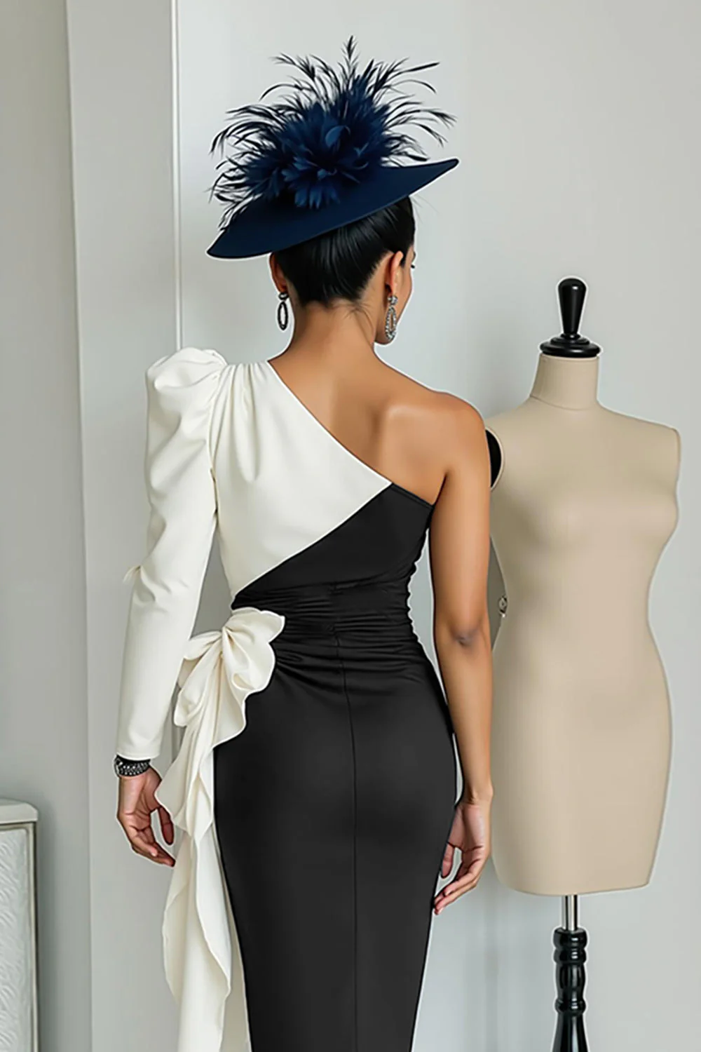 Black and White One Shoulder Bodycon Midi Mother Of The Bride Dress with Sash - Image 4