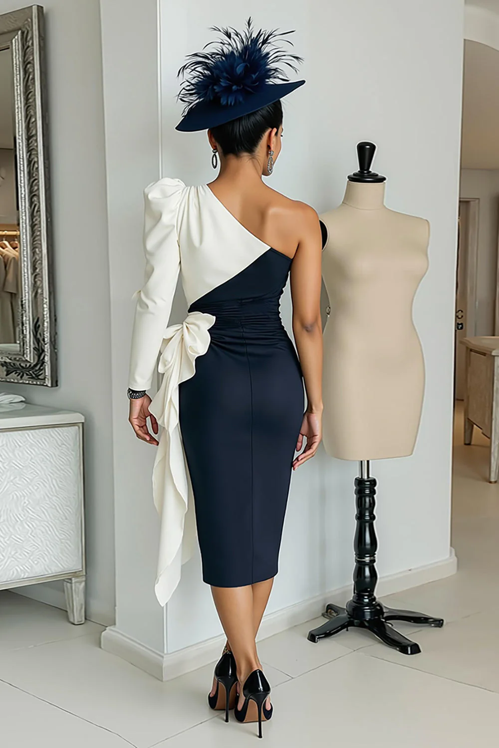 Black and White One Shoulder Bodycon Midi Mother Of The Bride Dress with Sash - Image 6