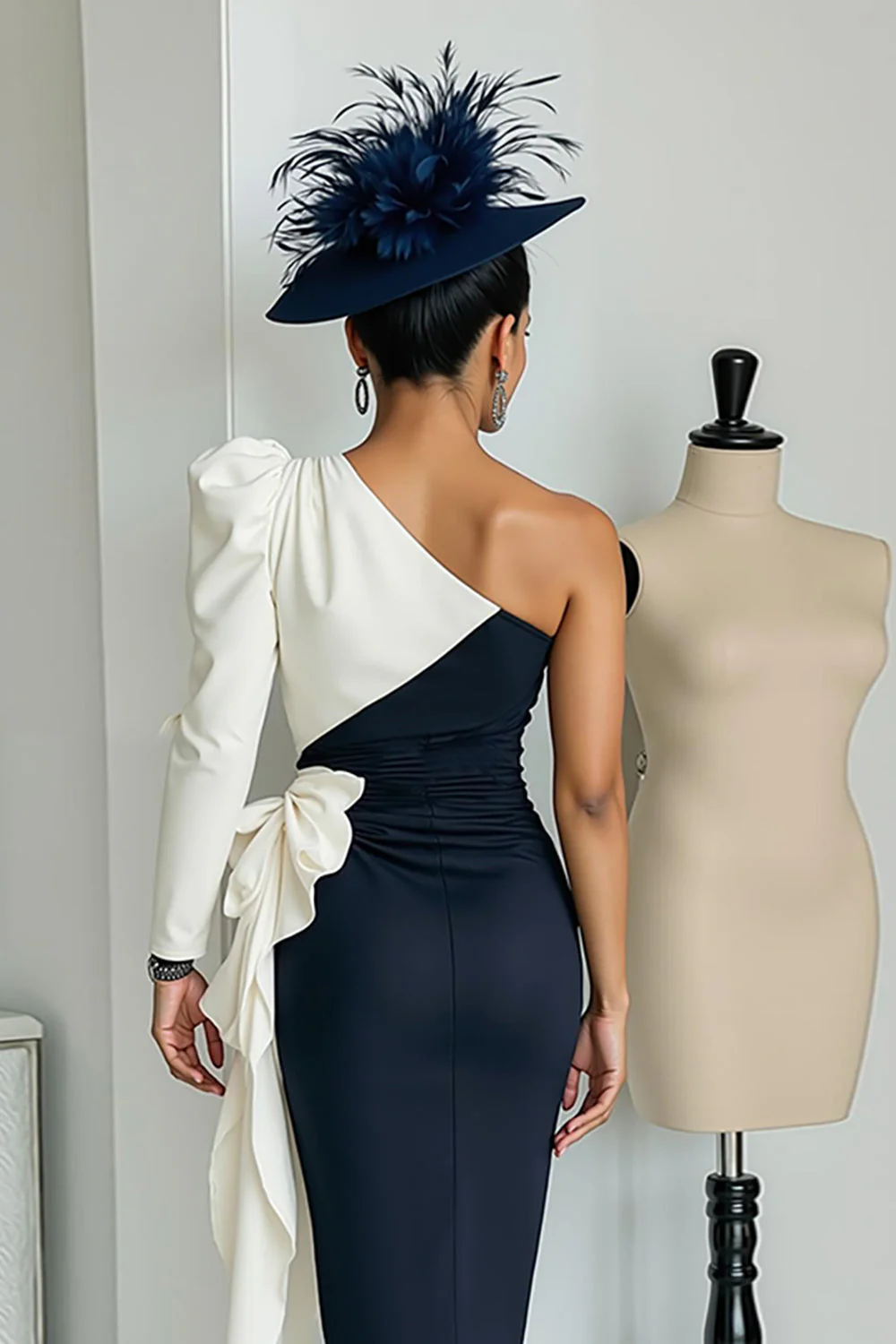 Black and White One Shoulder Bodycon Midi Mother Of The Bride Dress with Sash - Image 8