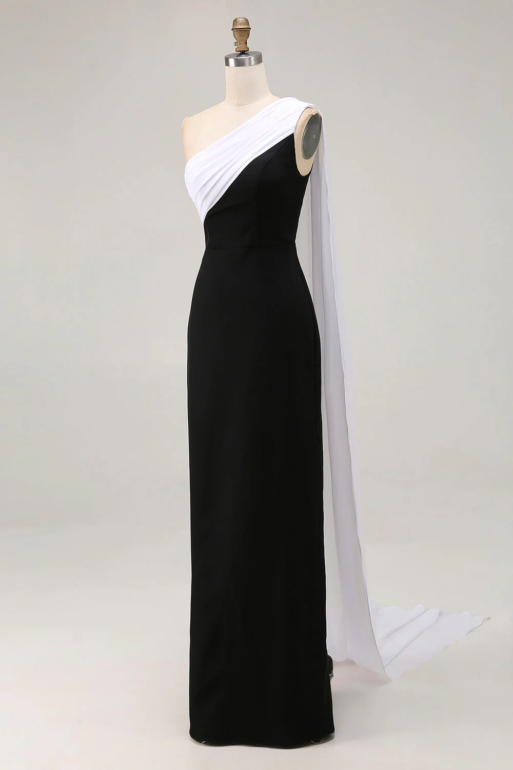 Black and White One Shoulder Sheath Long Formal Dress with Streamer - Image 3