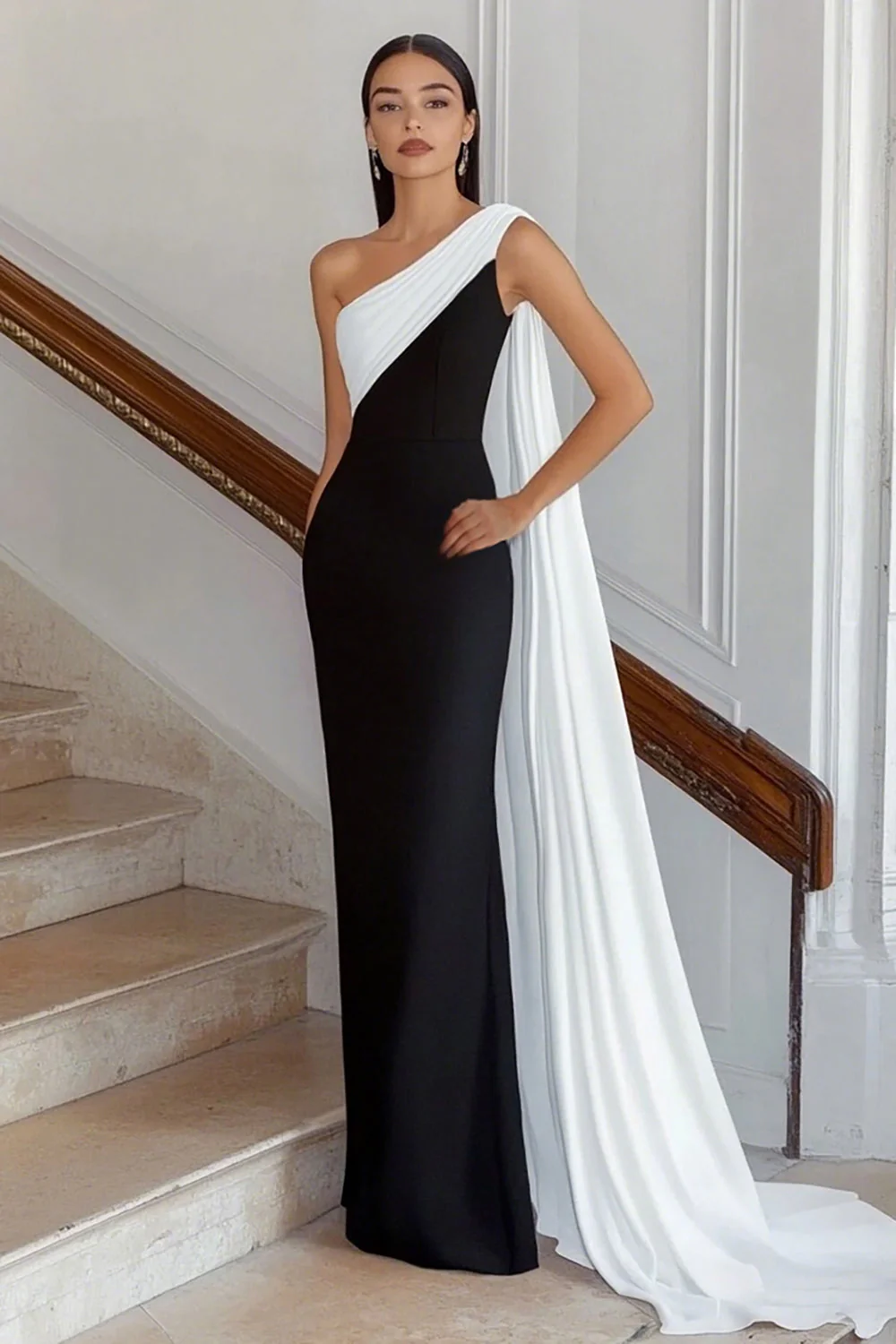 Black and White One Shoulder Sheath Long Formal Dress with Streamer - Image 4