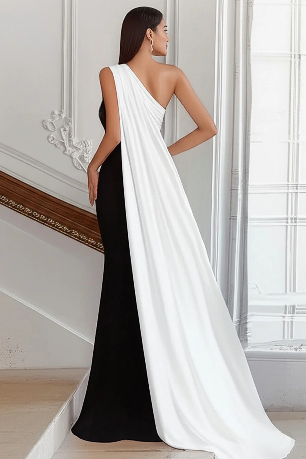 Black and White One Shoulder Sheath Long Formal Dress with Streamer - Image 5
