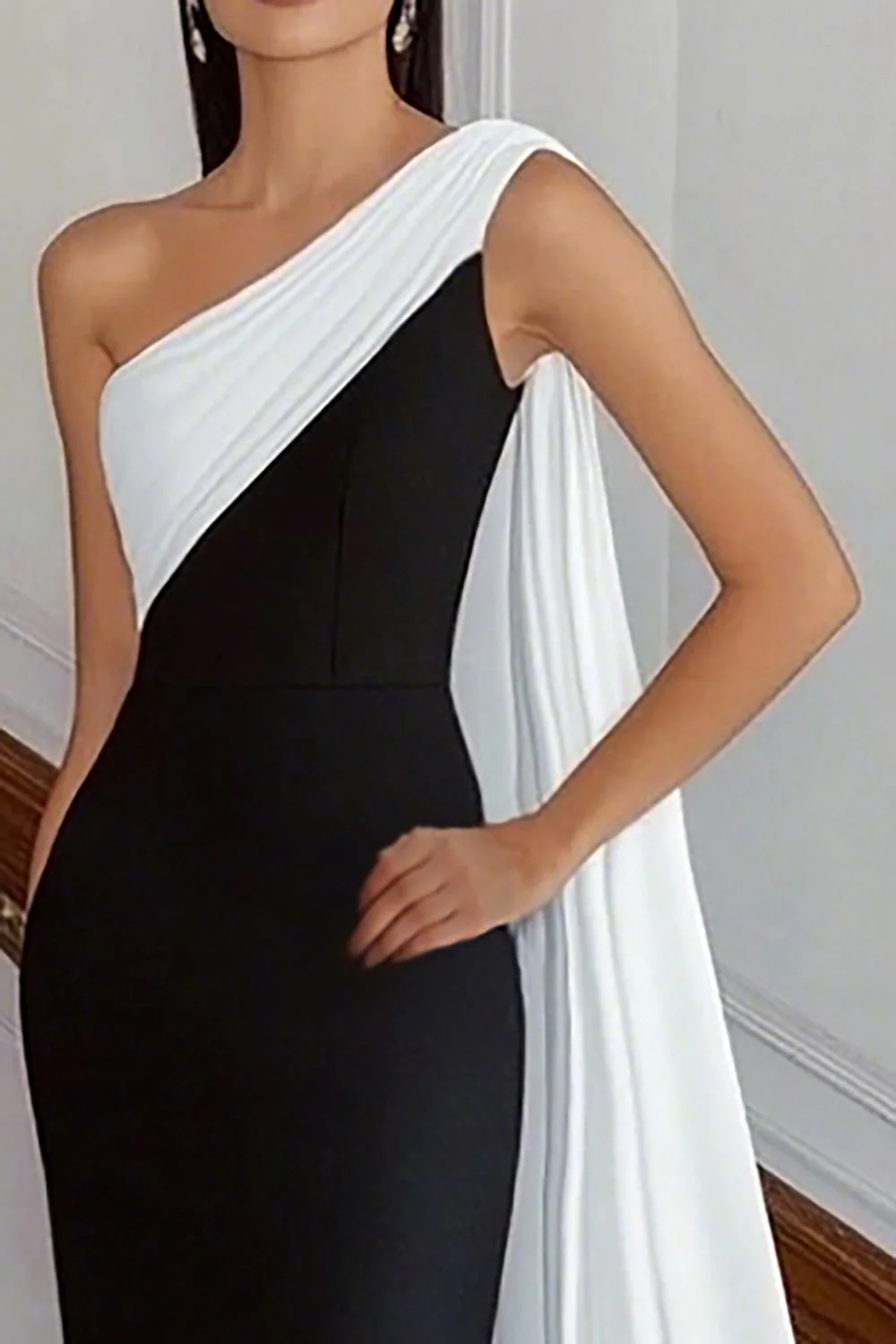Black and White One Shoulder Sheath Long Formal Dress with Streamer - Image 6