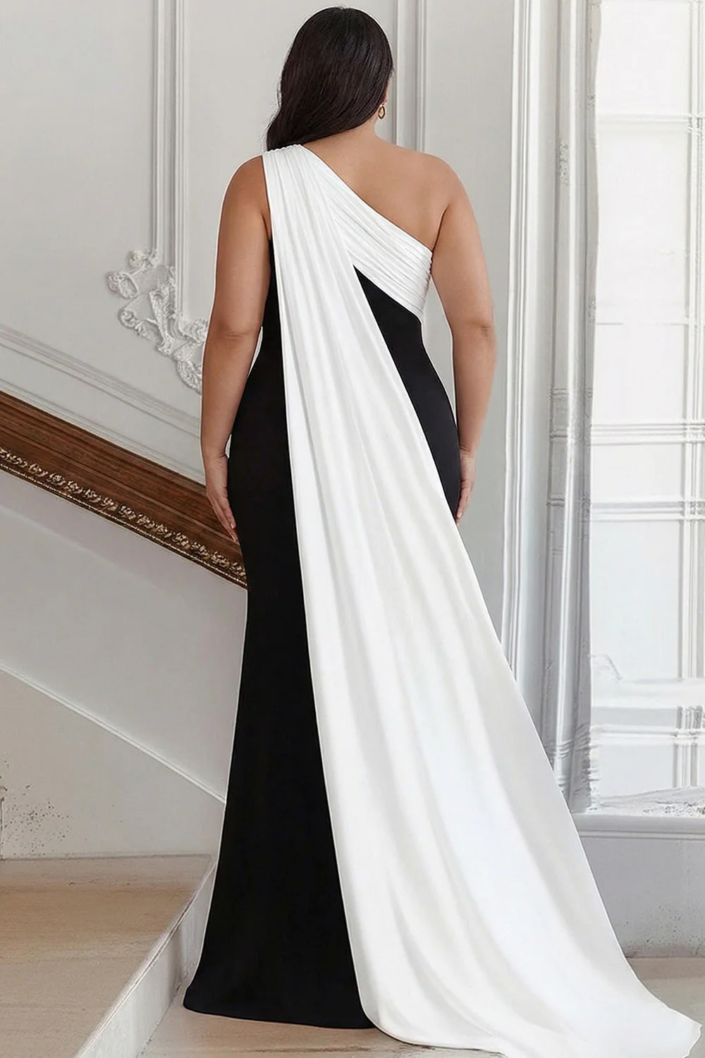 Black and White One Shoulder Sheath Plus Size Long Evening Dress with Streamer - Image 2