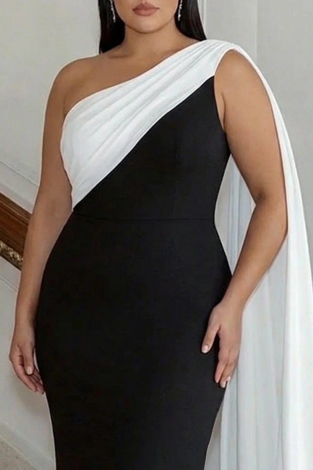 Black and White One Shoulder Sheath Plus Size Long Evening Dress with Streamer - Image 3
