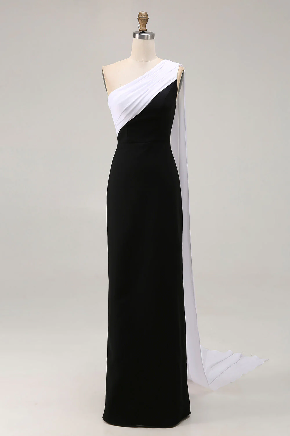 Black and White One Shoulder Sheath Plus Size Long Evening Dress with Streamer - Image 5