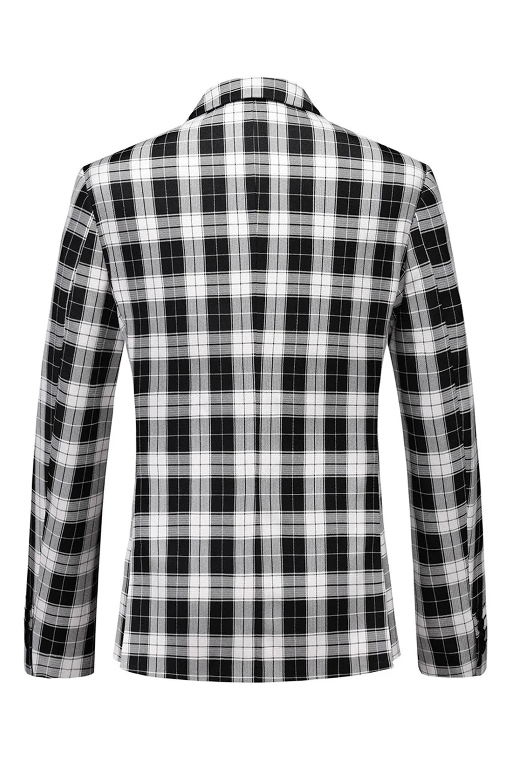 Black and White Peak Lapel Double Breasted Plaid Men's Blazer - Image 2