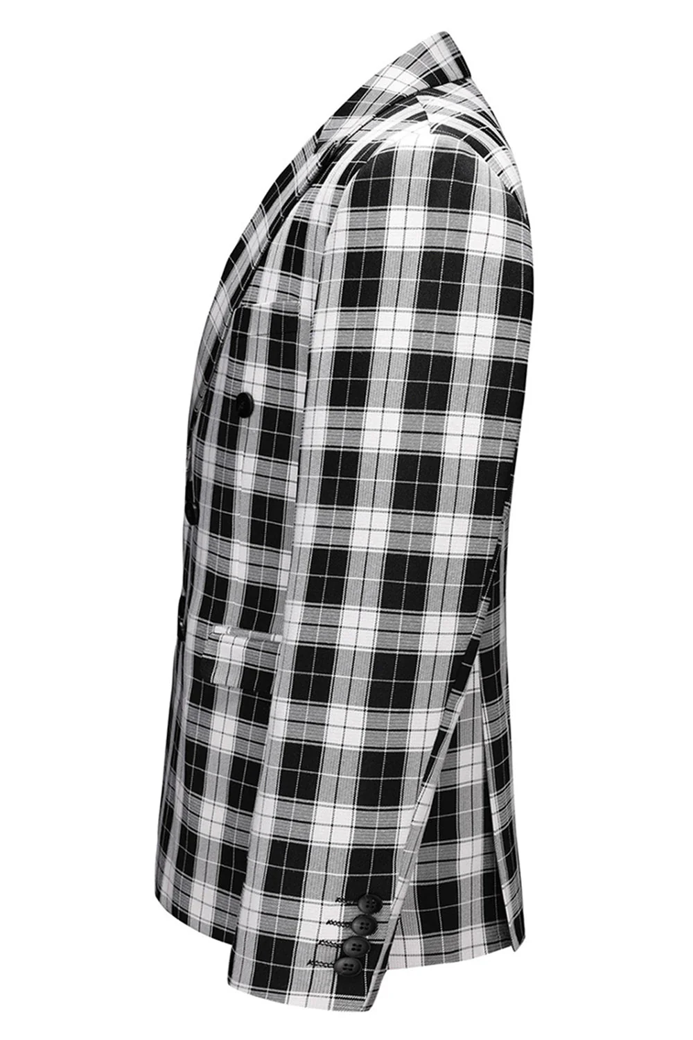 Black and White Peak Lapel Double Breasted Plaid Men's Blazer - Image 3