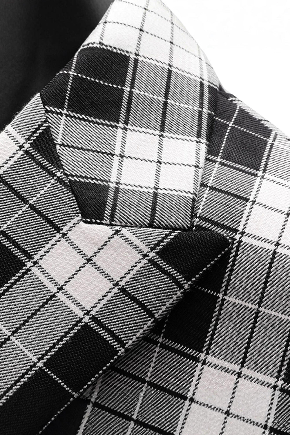 Black and White Peak Lapel Double Breasted Plaid Men's Blazer - Image 4